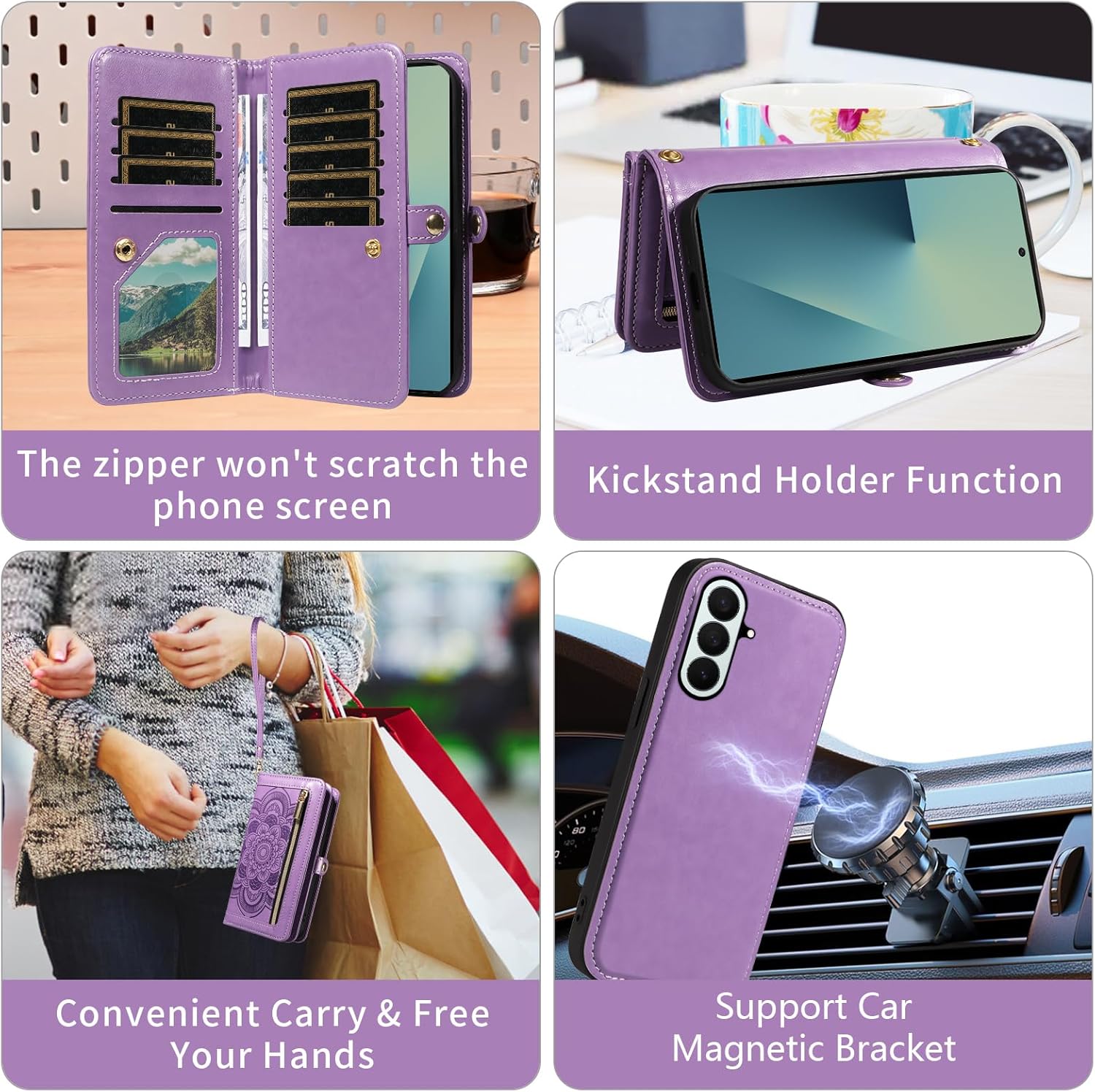 Asuwish Phone Case for Samsung Galaxy Z Fold 7 Zipper Wallet Detachable Magnetic Cell Cover with Crossbody Wrist Strap Mandala Flower Purse Flip Credit Card Holder ZFold Z7 G Fold7 7Z Women Men Purple