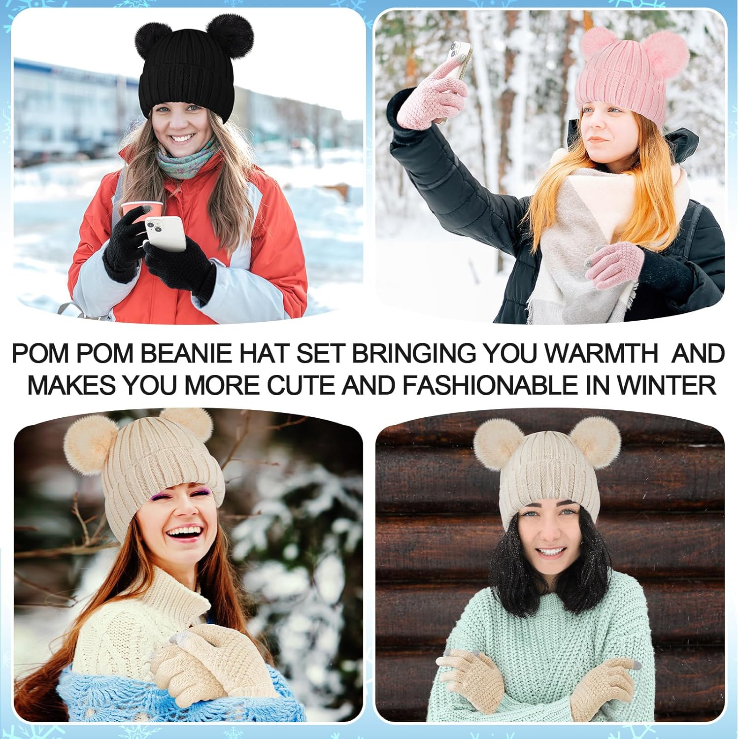 Hicarer 3 Sets Women Winter Warm Set Satin Lined Beanie Hat with Two Pom Poms Touchscreen Gloves for Cold Weather - Image 3