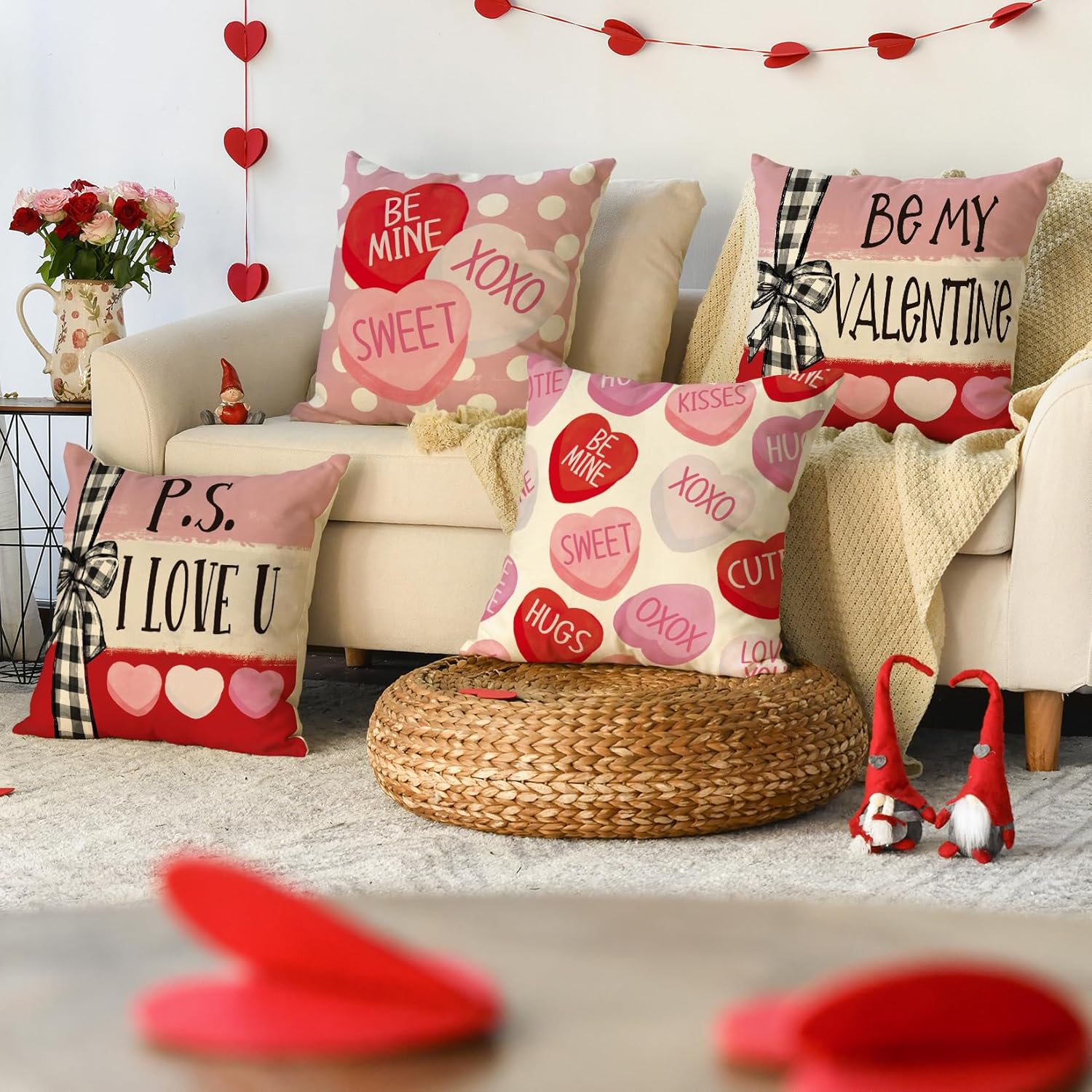 AVOIN colorlife Be My Valentine Red Candy Heart Throw Pillow Covers, 20 x 20 Inch Valentine Stripes Wedding Cushion Case Decoration for Sofa Couch Set of 4 - Image 2
