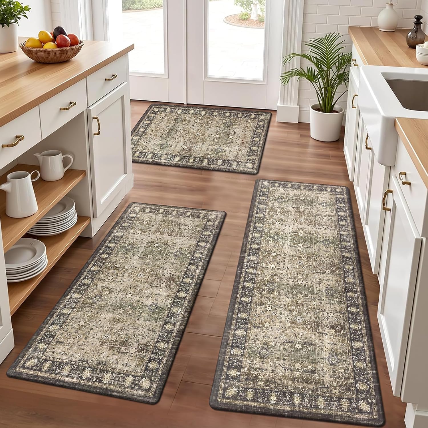Pauwer Anti Fatigue Kitchen Mat Set of 3 Non Slip Kitchen Mats for Floor Cushioned Kitchen Rugs Comfort Standing Mat Farmhouse Waterproof PVC Foam Kitchen Floor Mat Runner, Multi Brown Multi Brown 17.3''x28''+17.3''x36''+17.3''x48''
