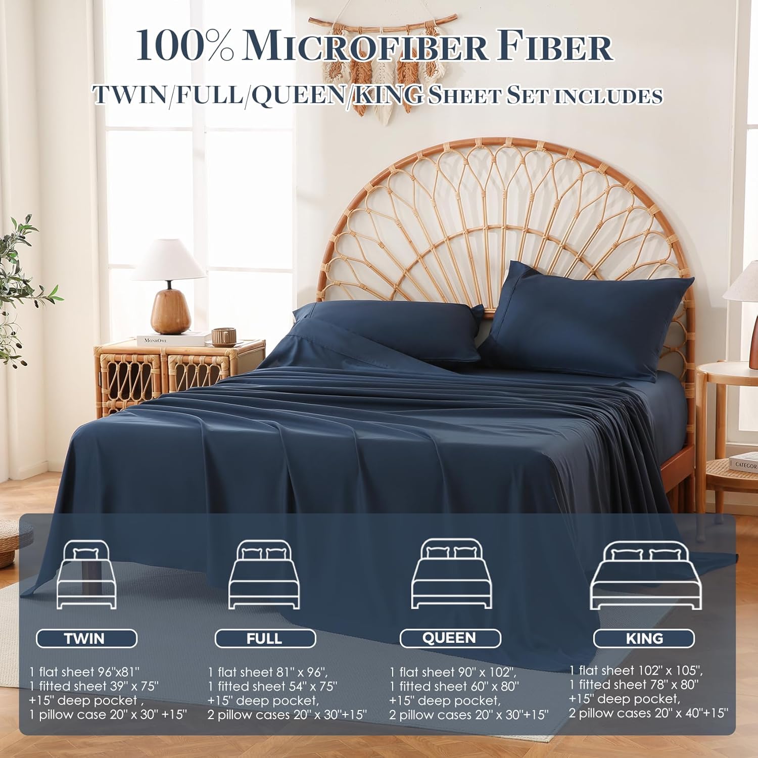 King Size Sheet Set 4 Pieces Extra 15" Deep Pocket Fitted Sheets Soft Microfiber Breathable Sheet for King Bed Navy Blue Bed Sheets for Adults Bedding with Pillowcases