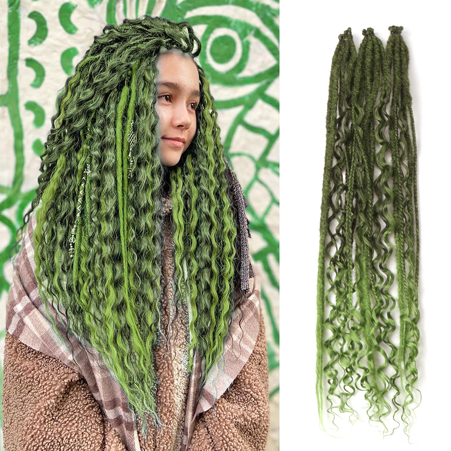 24 Inch Synthetic Dreadlock Extensions Hippie Single Ended Dreads 0.6 cm Width Loc Extensions Reggae Style Crochet Hair for Women (T1B/Green
