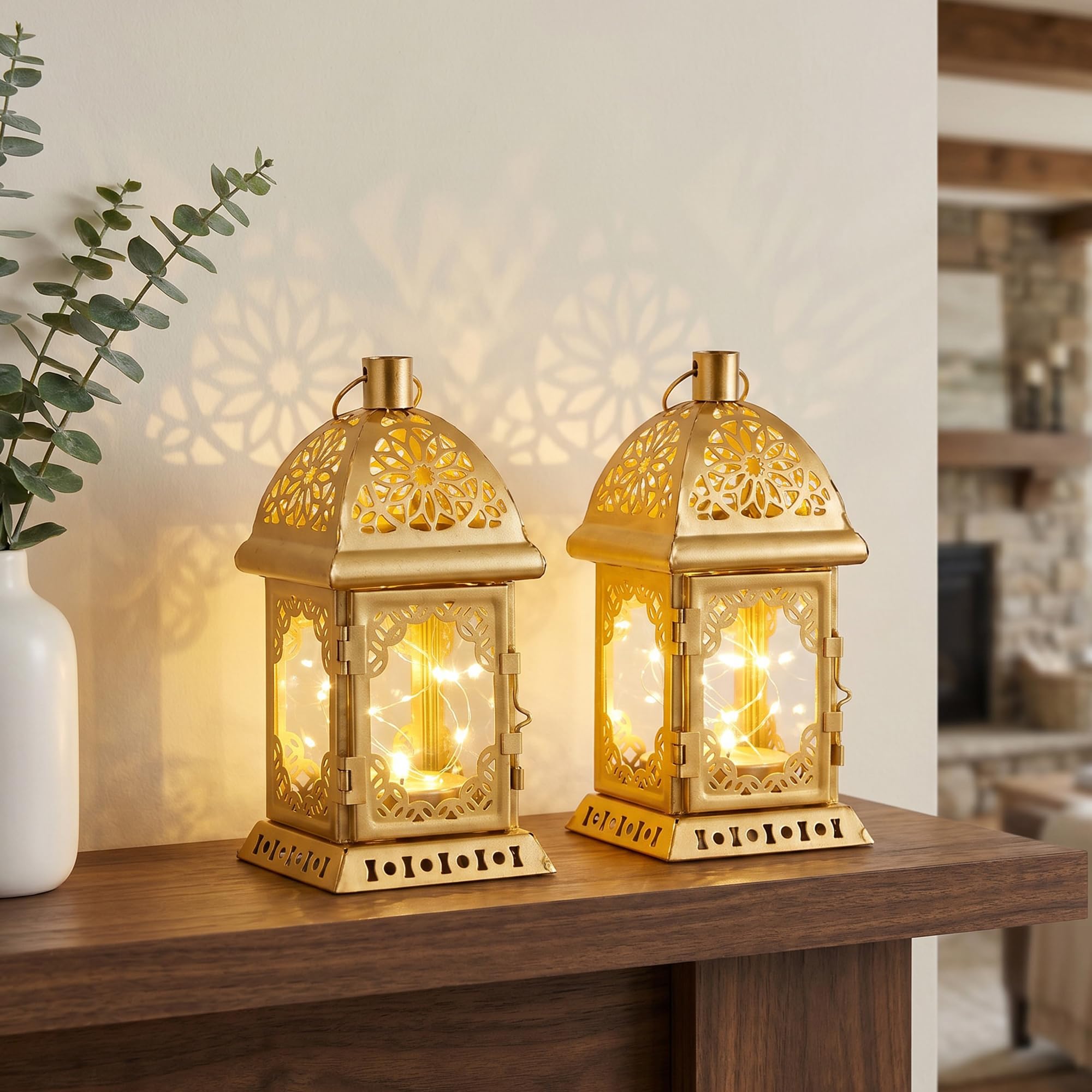 TRIROCKS Gold Battery Operated Lanterns, Set of 2, 20 cm, Fairy Lights