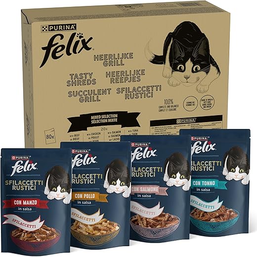 Purina Felix Sfilaccetti Rustici Cibo Umido per Gatti con Manzo, Pollo, Salmone,...