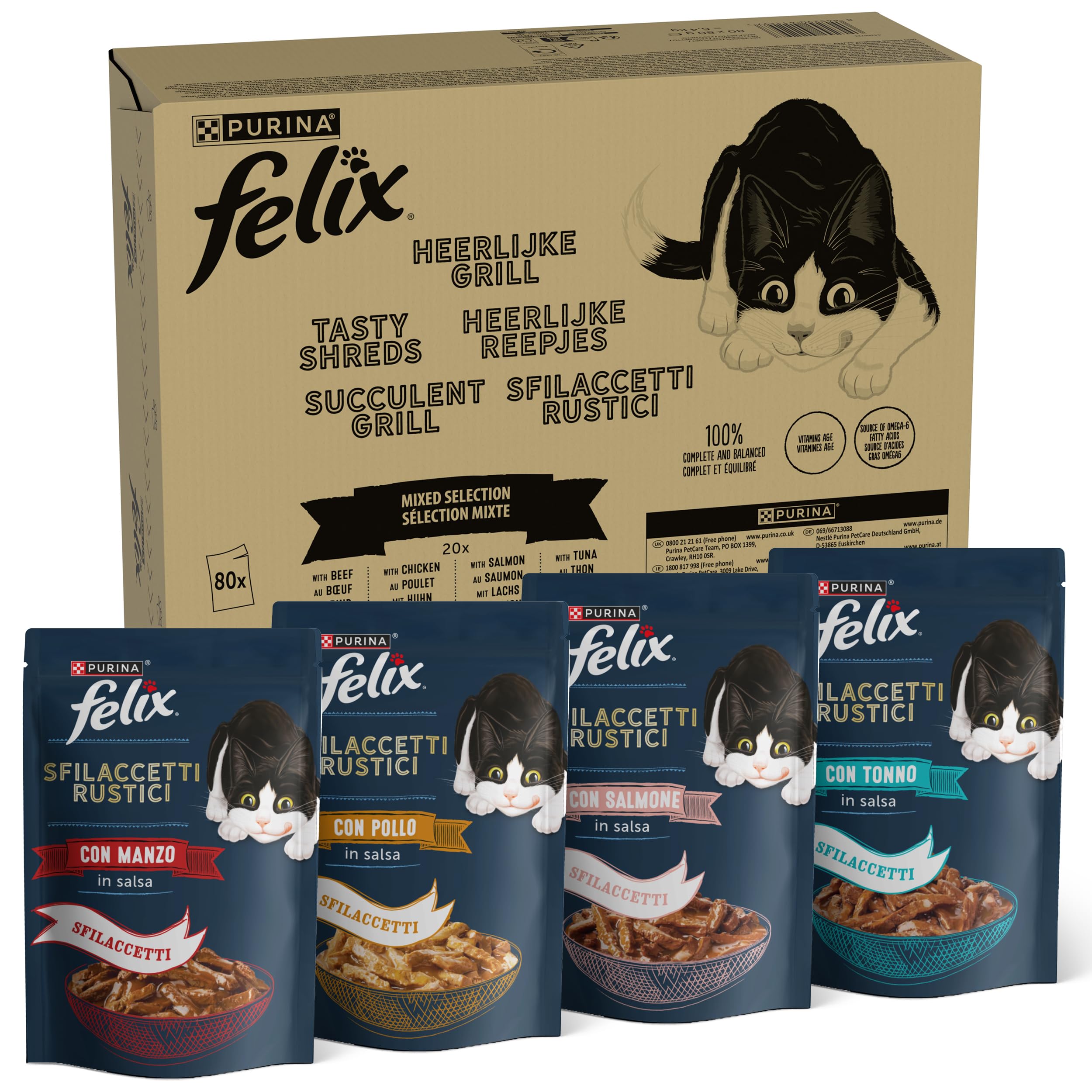 Felix Purina Sfilaccetti Rustici Cibo Umido per Gatti con Manzo, Pollo, Salmone, Tonno, 80 buste da 80g