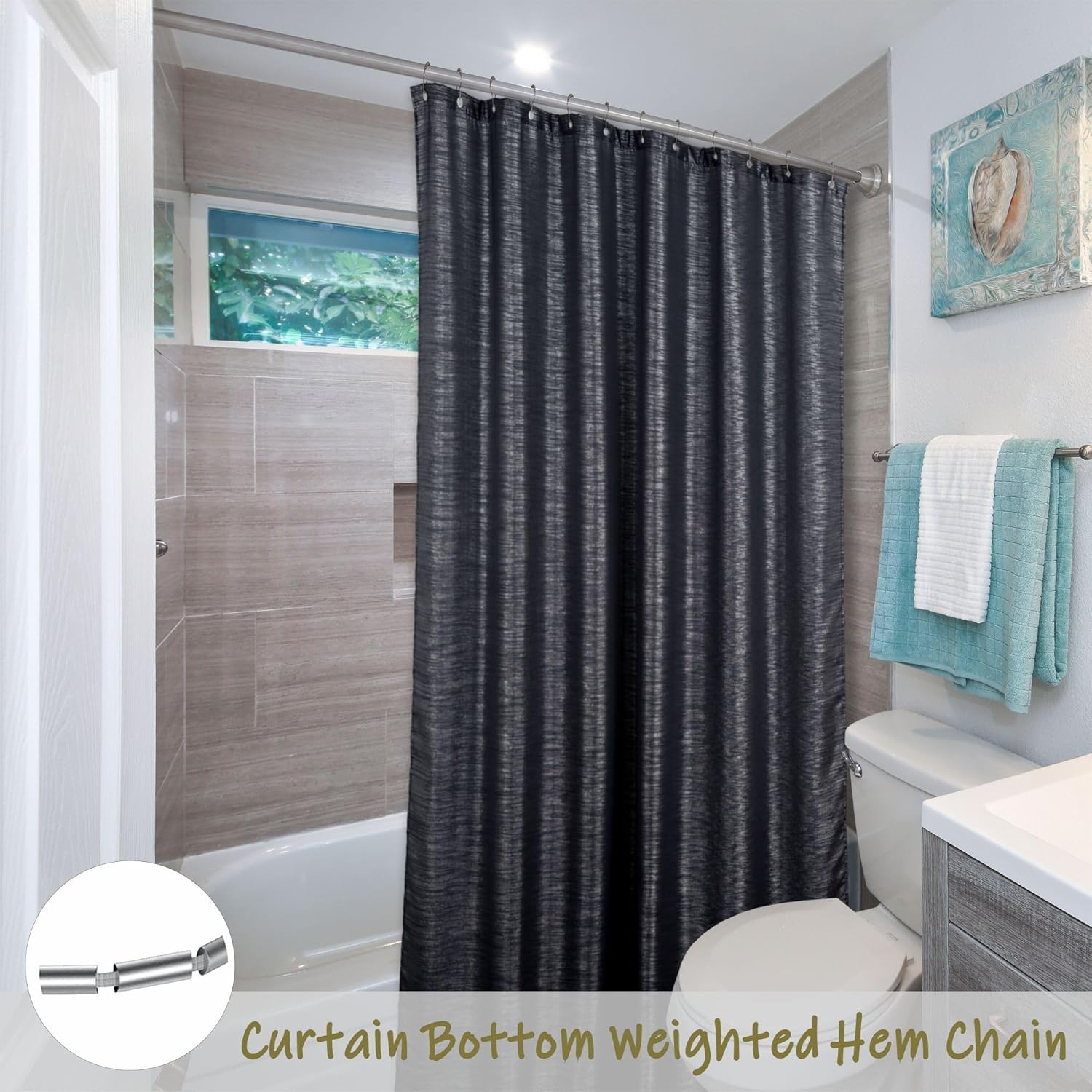 Black Long Sparkly Shower Curtain: 78 Inch Silver Metallic Shimmery Bling Shiny Textured Fabric Decorative Shower Curtains for Bathroom - Glam Fancy Luxury Modern Chic Design - 72x78