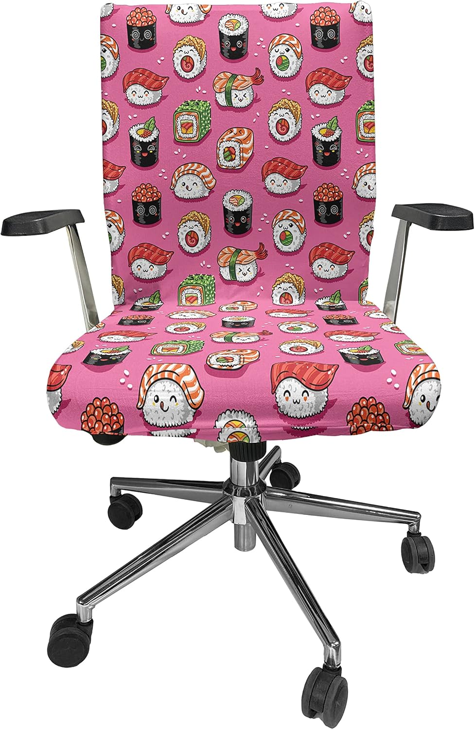 Ambesonne Wasabi Office Chair Cover, Continuous Happy Kawaii Style of Japanese Sushi with Smiling Faces, Stretchable Decorative Universal Size High Back Printed Slipcover, Pink Multicolor
