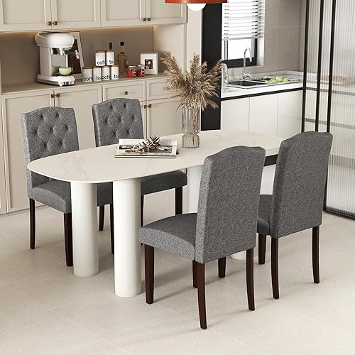 GOFLAME Juego de 4 sillas de comedor tapizadas, sillas Parson tapizadas de tela con botones con patas de madera de goma, asiento acolchado y