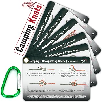 Kutir Outdoor Knots Mastery Guide - Essential Backpacking, Scouting & Camping 12 Portable Pocket Size Knot Cards - Waterproof Portable Reference with Mini Carabiner