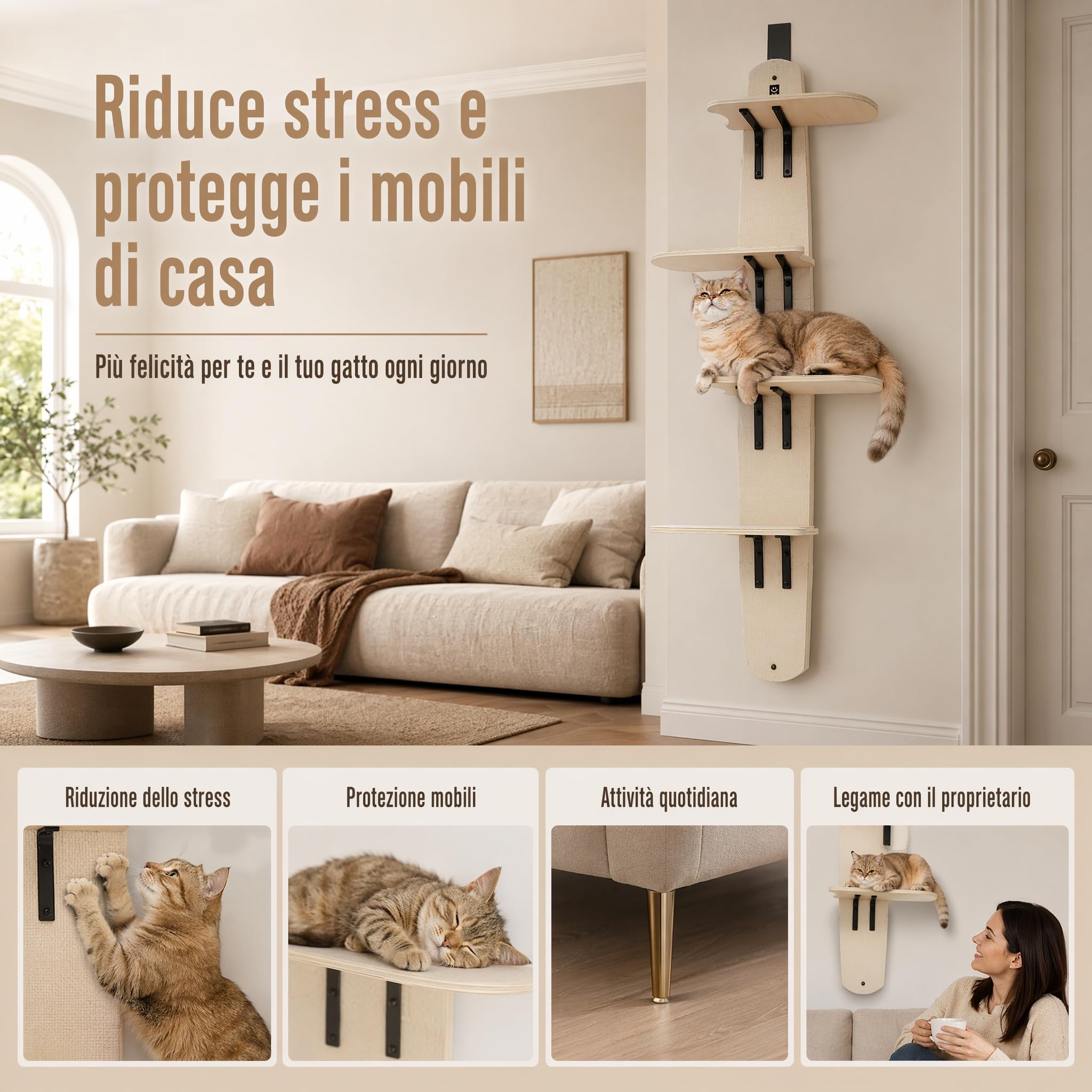 Mensole Da Parete Per Gatti A 4 Livelli, Versatile Tiragraffi A Torre Per Porta, Legno Massello, Montata Fino A 25 Kg, Gradini Per Arrampicare, Graffiare, Giocare