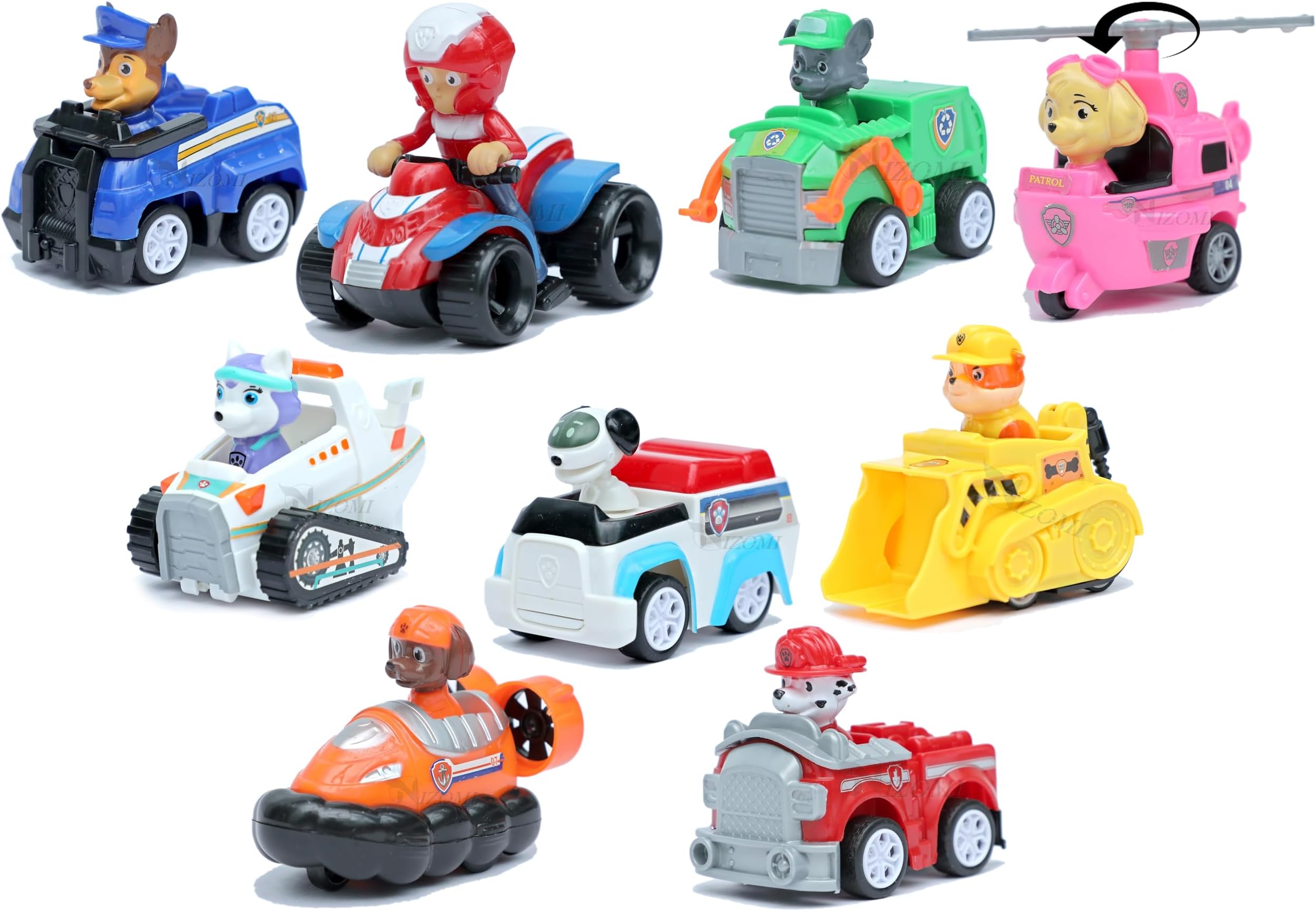Nizomi 6 Pup Buddies Rescue Team Action Figure Set with Friction Power Push Along Toys,6pc Pup with Vehicles Toys, Cake Topper