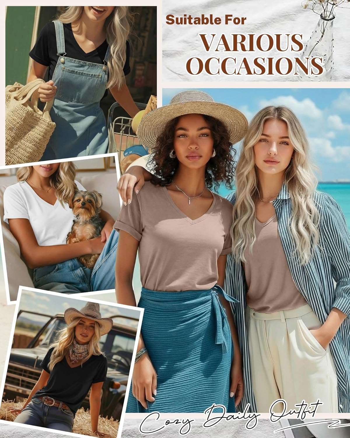 Ficerd 3 Pack Women's V Neck T Shirts, Summer Casual Short Sleeve Tops Loose Fit Rolled Sleeve Tees Trendy Shirts - Image 4