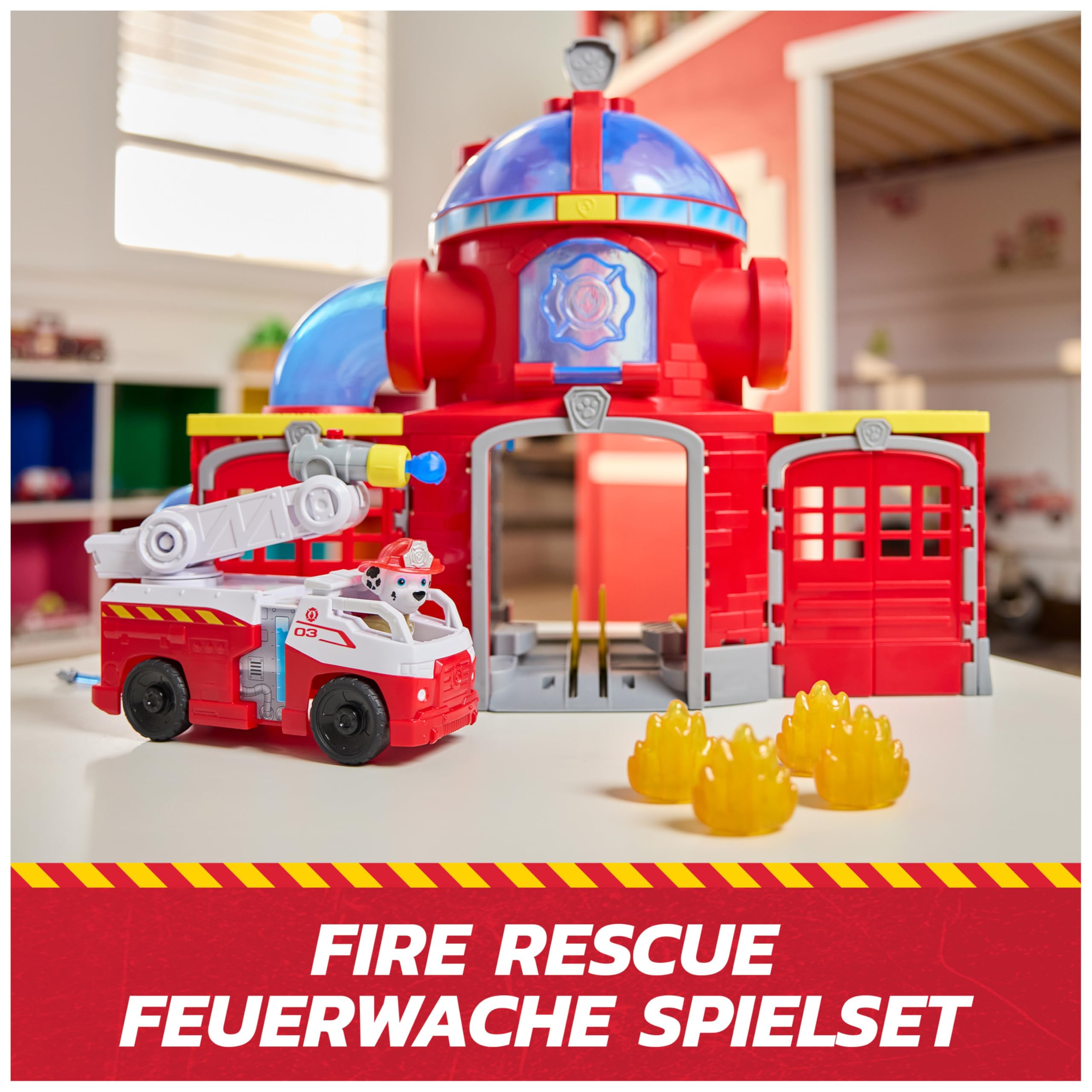 PAW PATROL – Fire Rescue Feuerwehr-Station mit Licht- und Soundeffekten, Wasserkanone, Rutschstange und Startrampe, ca. 38 cm, inkl. Marshall-Figur und Feuerwehrauto, für Kinder ab 3 Jahren