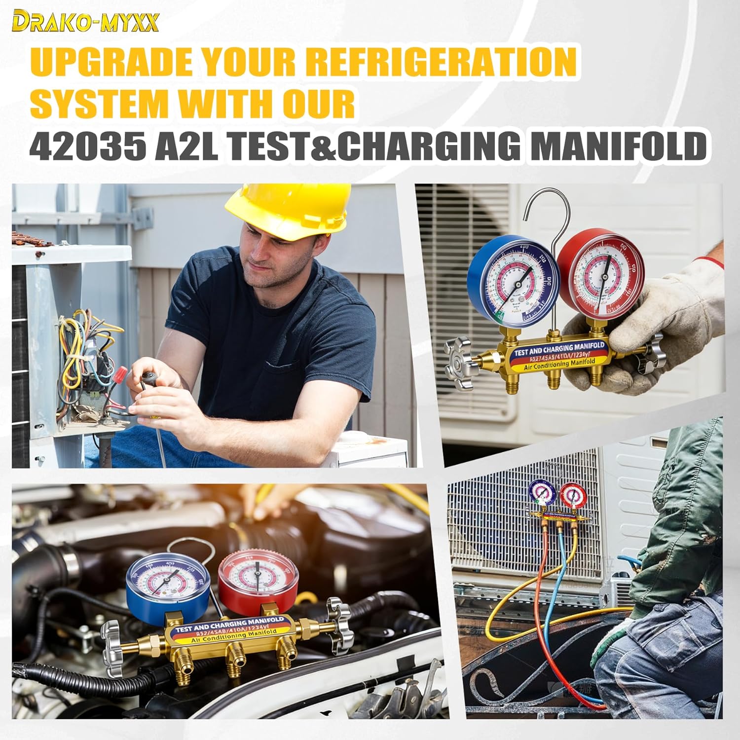 Upgrade 42035 Test & Charging Manifold with 3-1/8"(80 mm) Gauges, A2L Compatible, 2-Valve, Color-Coded Scales, HVAC Manifold for R32/454B/410A/1234yf