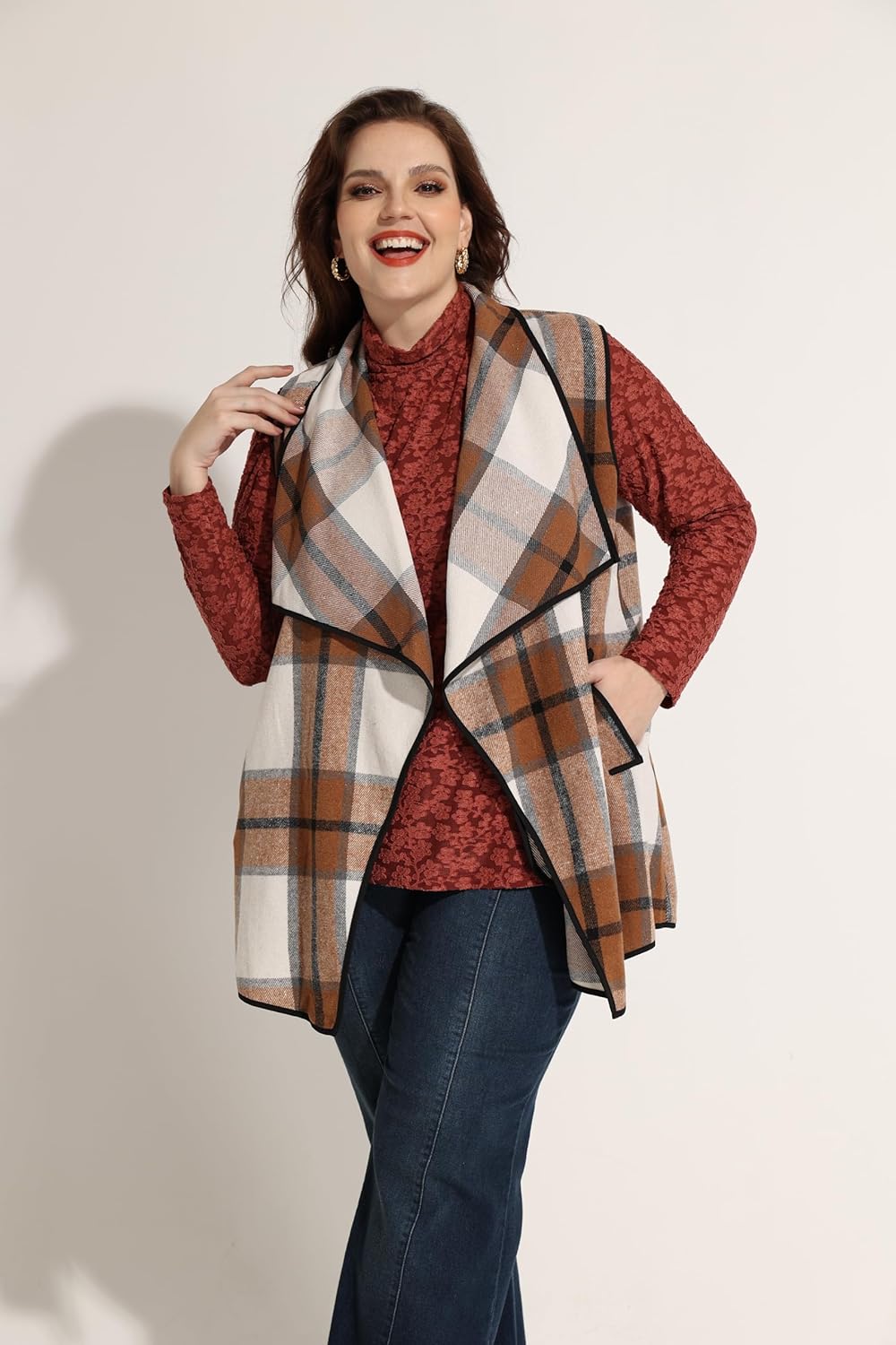 CARCOS Plus Size Women Vest Plaid Lapel Open Front Cardigan Buffalo Sleeveless Jacket Coat with Pockets XL-5XL - Image 2