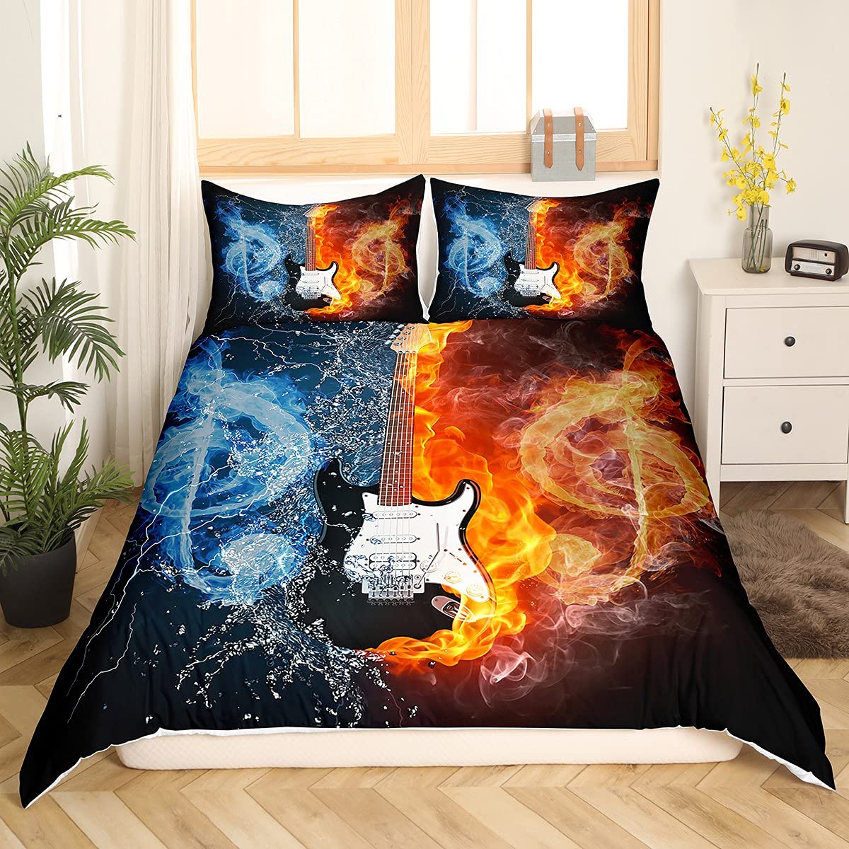 Parure de lit guitare 200x200 rock housse de couette 3 pièces avec motifs notes de musique