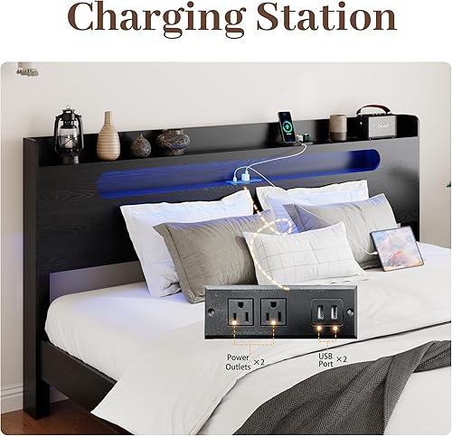 Miniatura 19 de Marco de cama de madera de tamaño matrimonial, cabecera de almacenamiento con estación de carga y luces LED, marco de cama de madera rústico Led
