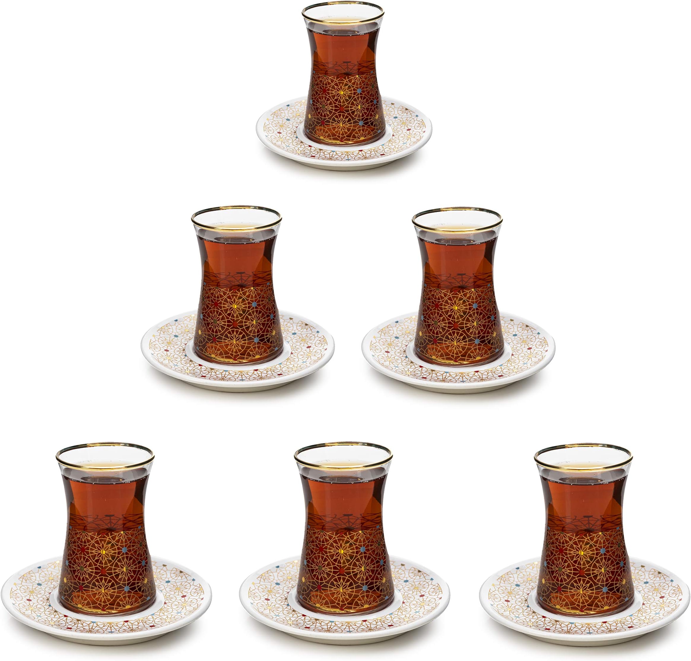 18 Piece Handmade Glass Unique Fancy High Class Arabic Mirra Coffee Set and Tea Set- Special Design Colored Engraved Turkish Tea Set (Gold Art)