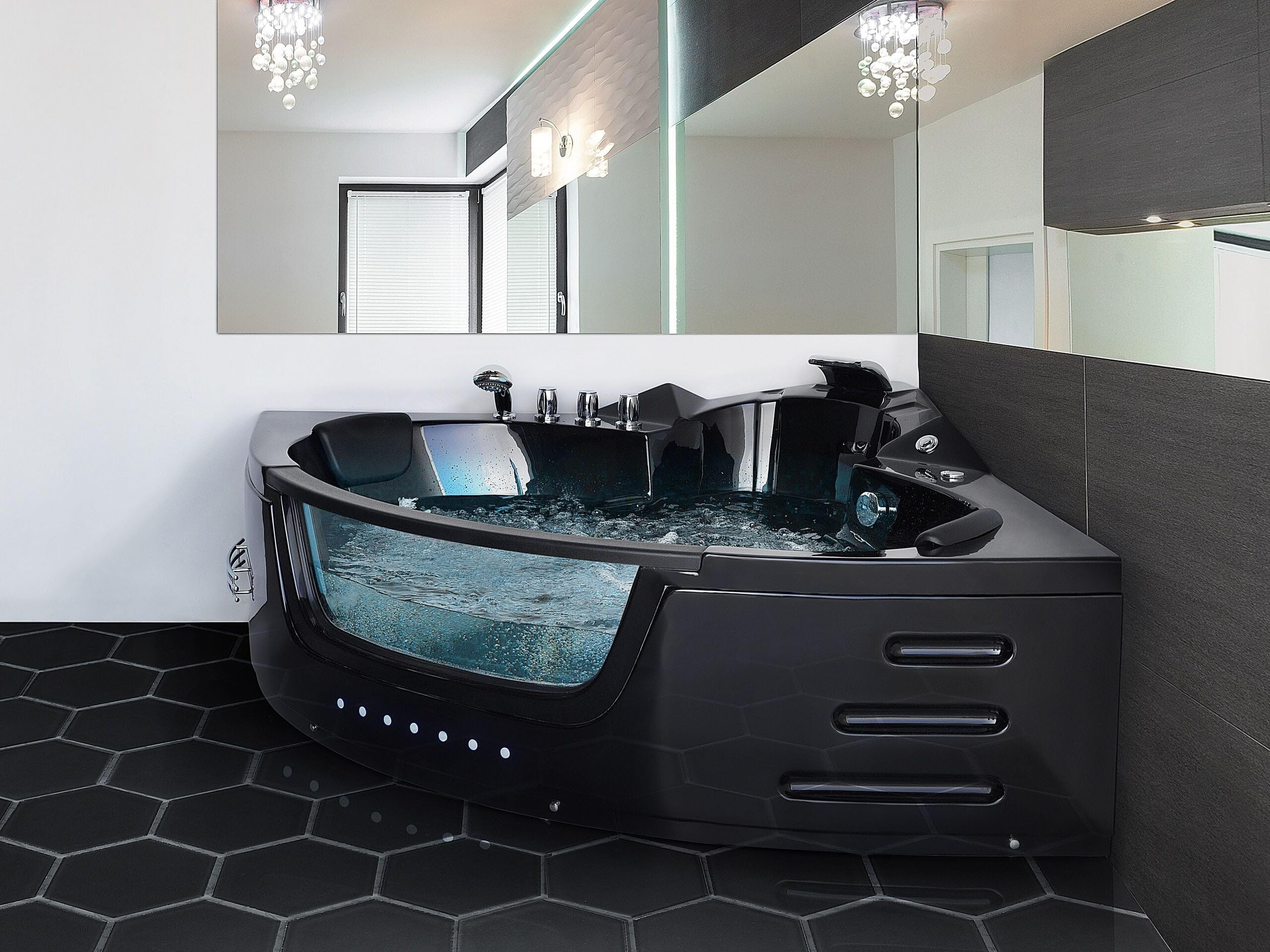Whirlwanne Eckbadewanne Spa schwarz große Doppelwanne mit Massage LED Martinica