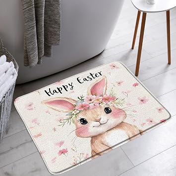 Easter Rabbit Bath Mat Spring Cute Bunny Eggs Watercolor Floral Farmhouse Rustic Festival Bathroom Bathtub Floor Rugs Doormat Toilet Decor,18 x 30 in