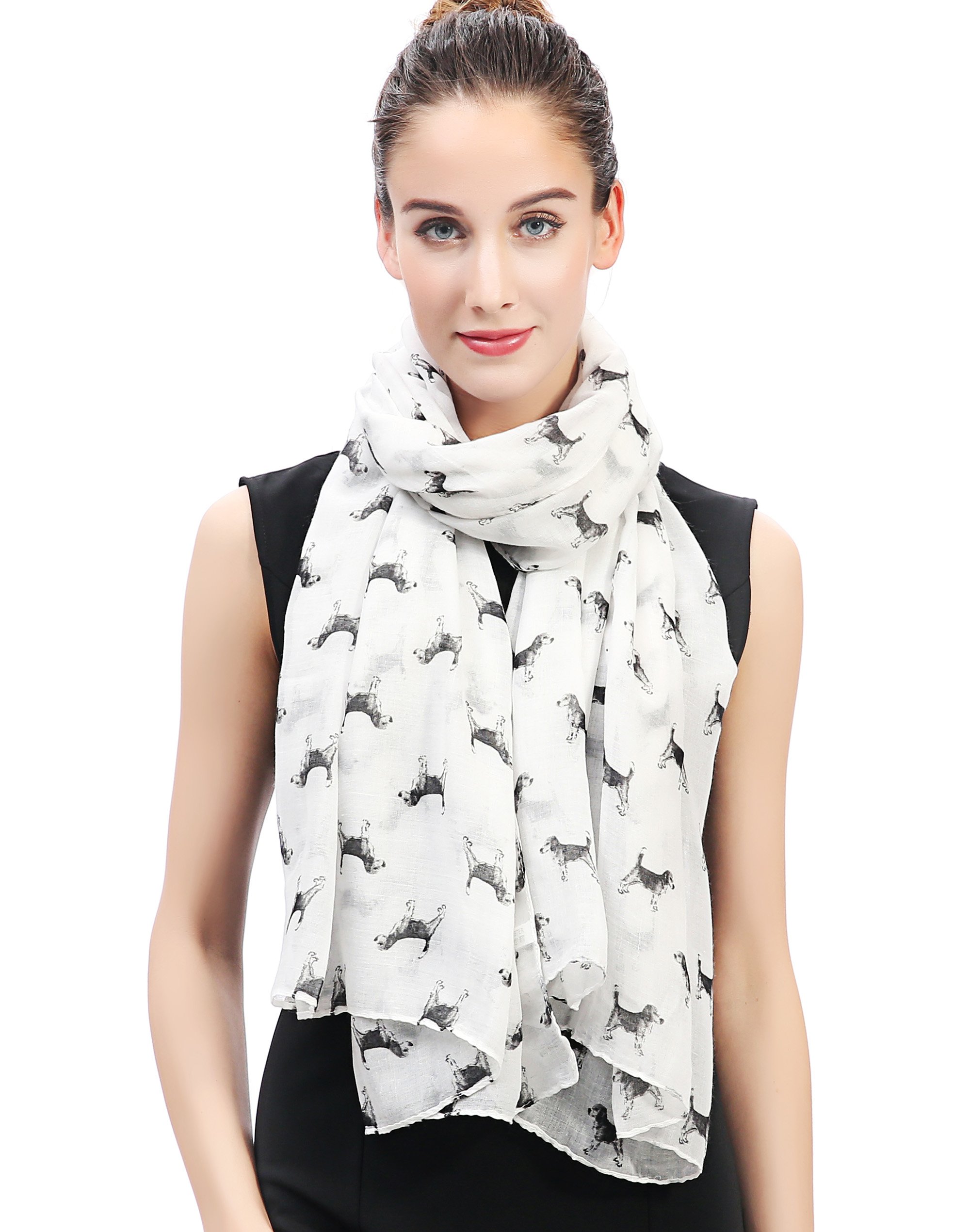 Lina & Lily Beagle Dog Print Women's Scarf Shawl Wrap Lightweight (White)