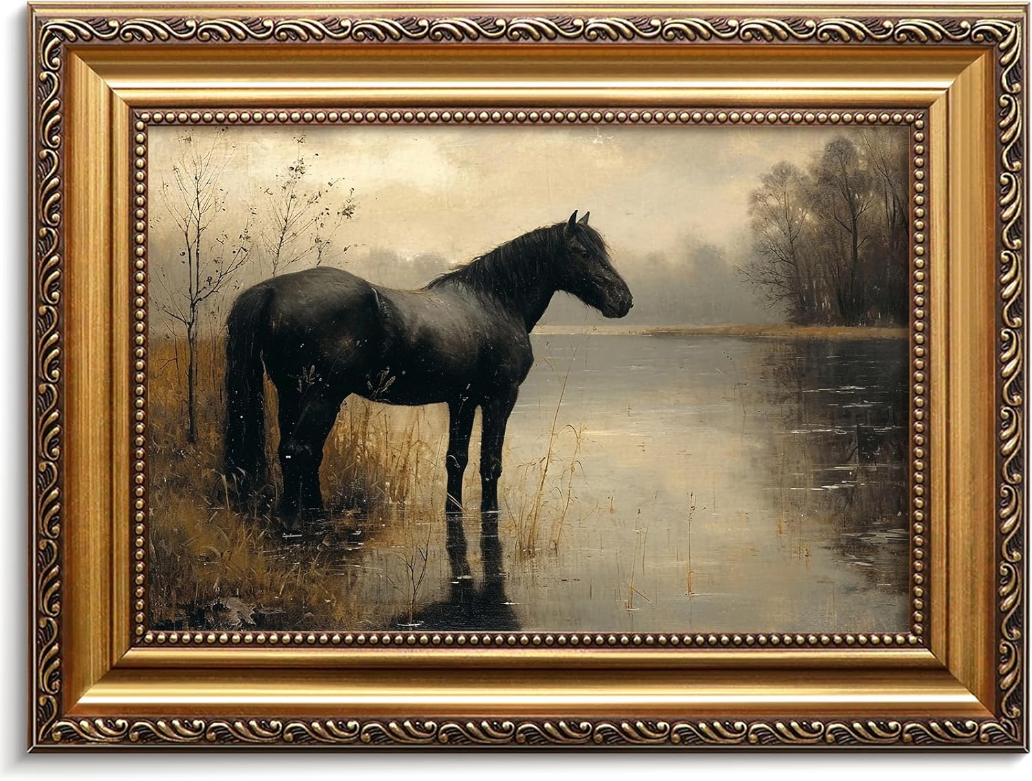 Vodefoad Retro Black Horse Gold Framed Wall Art canvas Decor Dark Academia Gothic Home Decor Moody Landscape Vintage Oil Painting Vintage Wall Art Lake Dark Cottagecore Art Foggy Rustic Print for Galley Living Room, Bedroom dark Moody wall art - 9x12inch