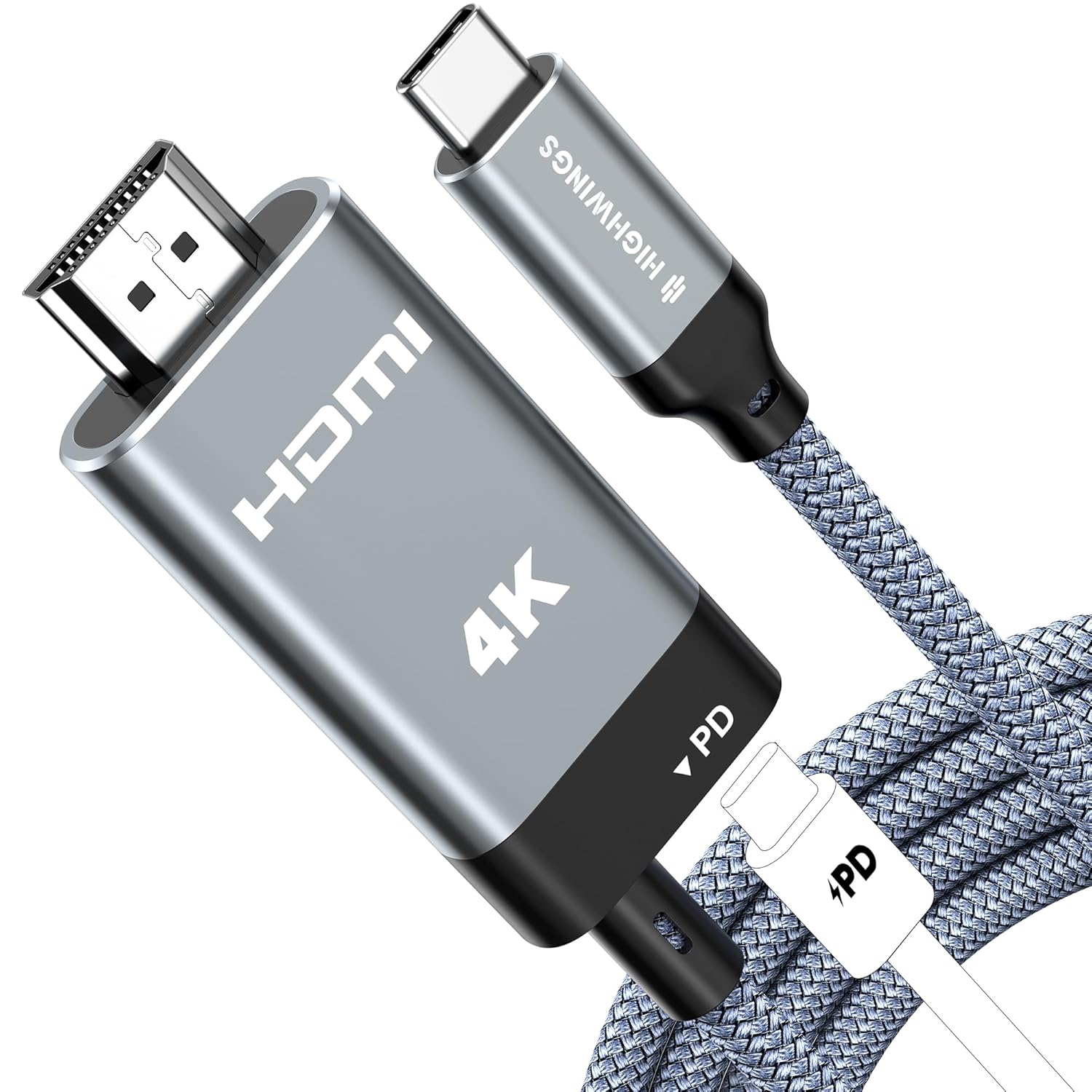Highwings USB C to HDMI Cable with PD Charging Adapter 5FT, 100W Fast Charging Type C to HDMI 4K@60Hz Braided Cord Thunderbolt 5/4/3 Compatible with iPhone 17 16 15, iPad, SteamDeck, XPS and More