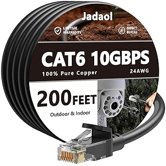 Cat6 Outdoor Ethernet Cable 200ft, Support Cat8 Cat7 Network, 10Gbps 24AWG Pure Copper, Heavy Duty Direct Burial In-Ground Waterproof UV Resistant LAN Internet Patch Cable, Durable Long Ethernet Cable