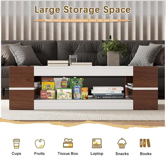 HedoAjim 47.2 Modern Stylish Coffee Table with Glass Table Top, Large Living Room Table Rectangular 2-Tier Center Tables with Storage, Wood Cocktail Tea Tables for Dining Reception Room White Walnut