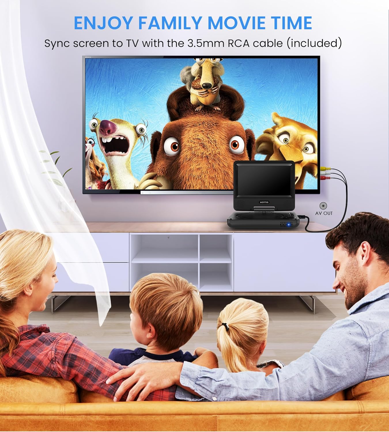 WONNIE 9.5" Portable DVD Player for Kids with 7.5" Swivel Screen, 6 Hours Rechargeable Battery, Car DVD Player with AV in/Out, Dual Speakers, Remote Control, Support USB/SD Card/Sync TV, All Regions - Image 5