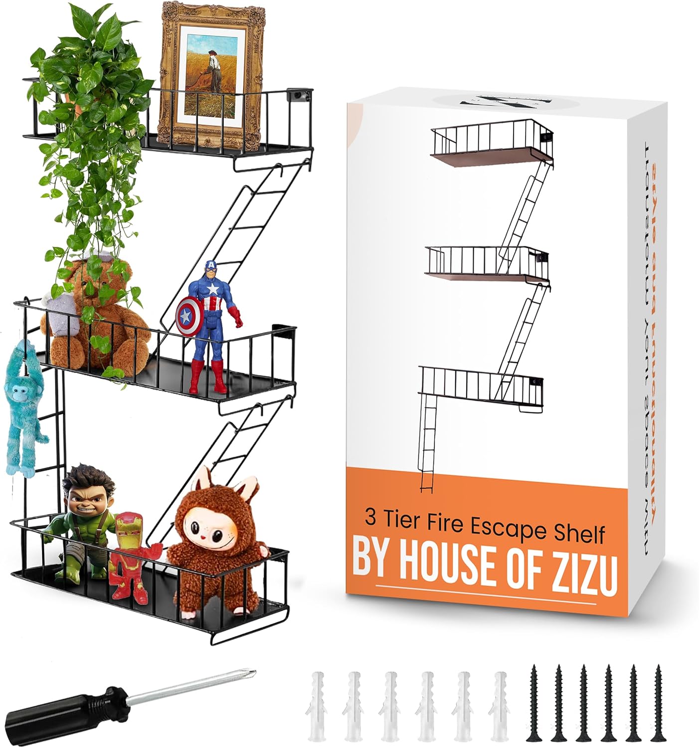 Fire Escape Shelf, 3 Tier Action Figure Shelf with Screws & Screwdriver, New York Metal Decorative and Unique Rustic Trinket Shelves for Home Décor, & Bedroom, Black