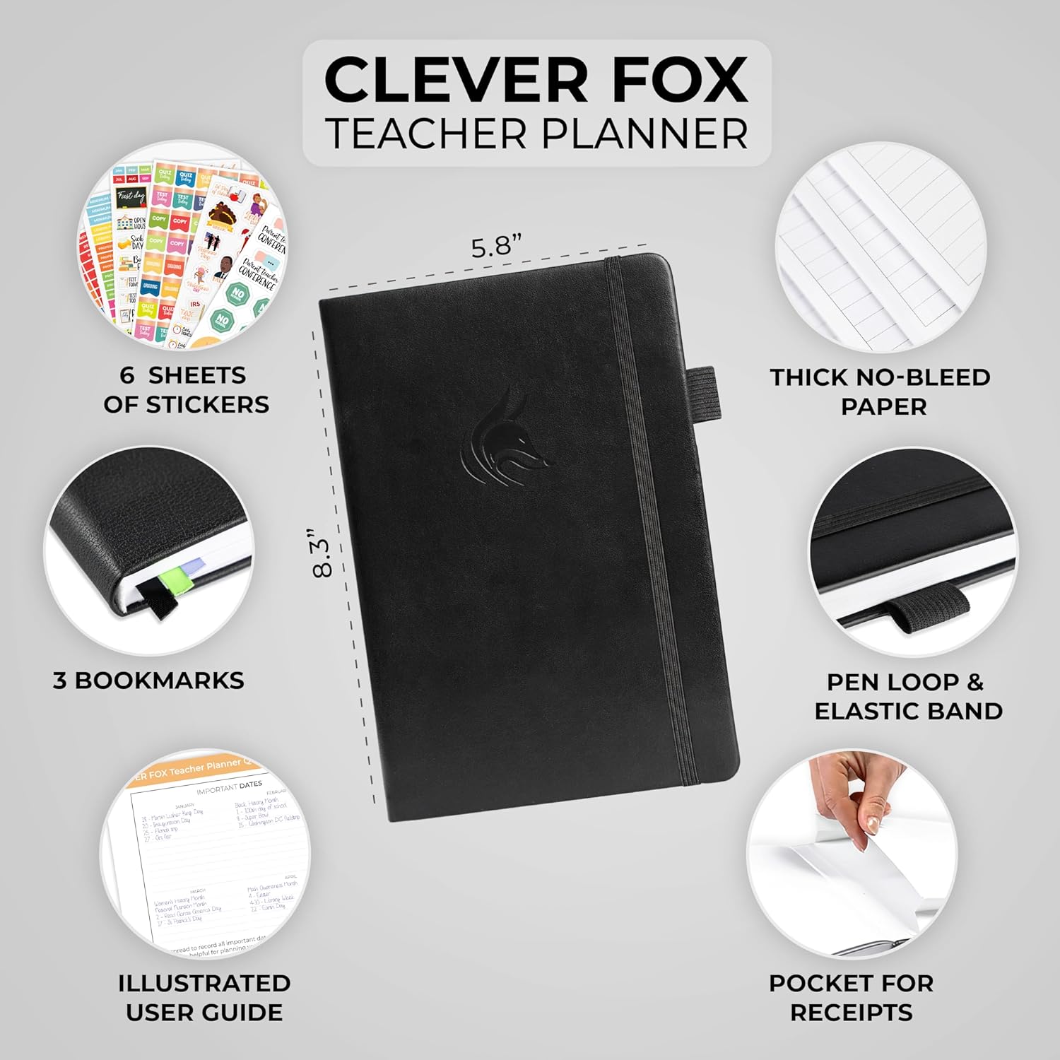 Clever Fox Teacher Planner – School Year Planner with Calendars & Lesson Plans – Teacher Plan Book for Classroom & Homeschool Organization - Undated, A5 Size, Hardcover (Black)