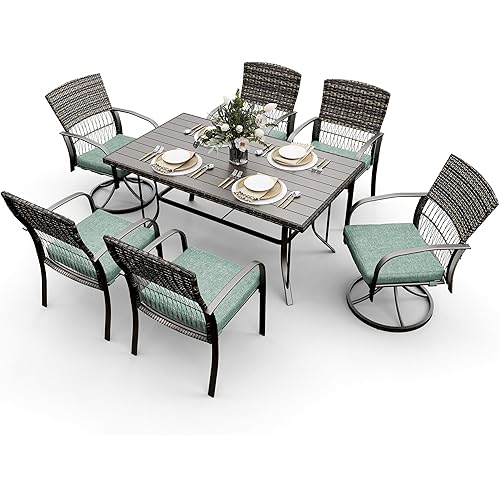 Pamapic 7 Piece Patio Dining Set for 6,Wicker Outdoor Furniture Set for Backyard Garden Deck Poolside with Iron Slats Table Top,4 Dining Chairs and 2 Swivel Rockers,Removable Cushions(Green)