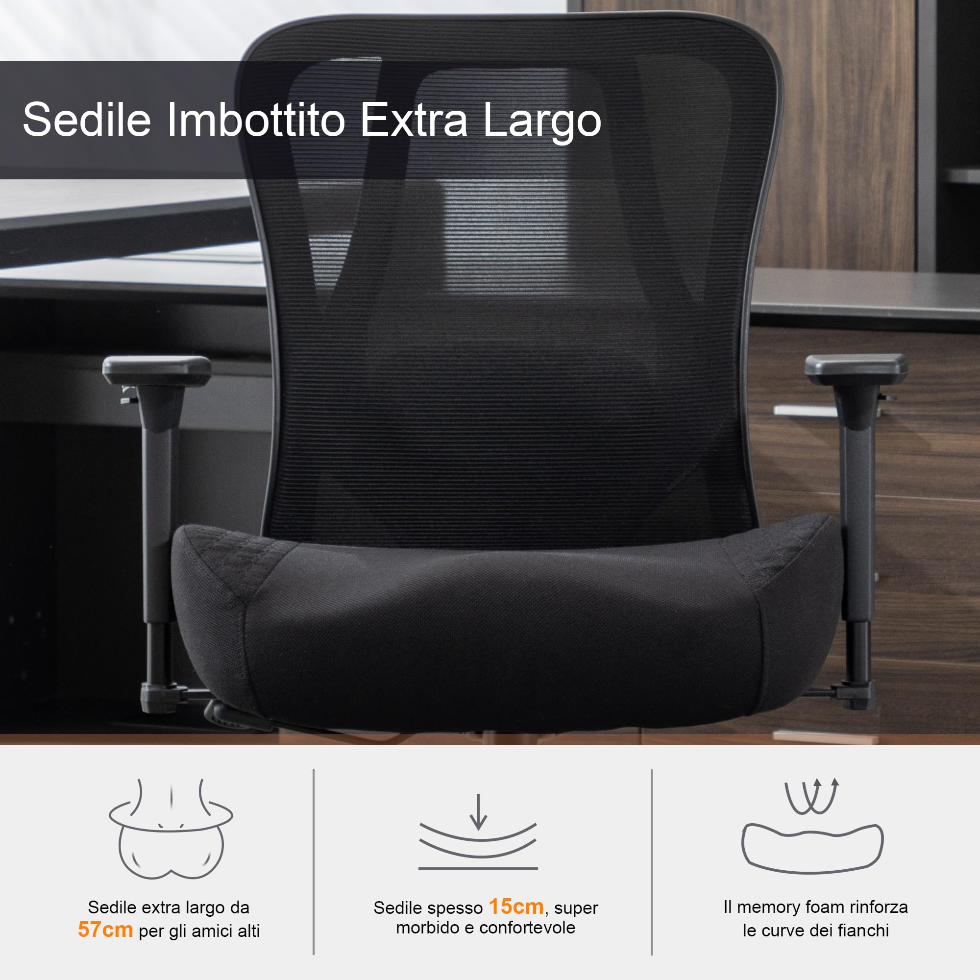 UEV Sedia Ufficio Ergonomica Portata 230KG, 73 x 69 x 93-103 cm, Nero