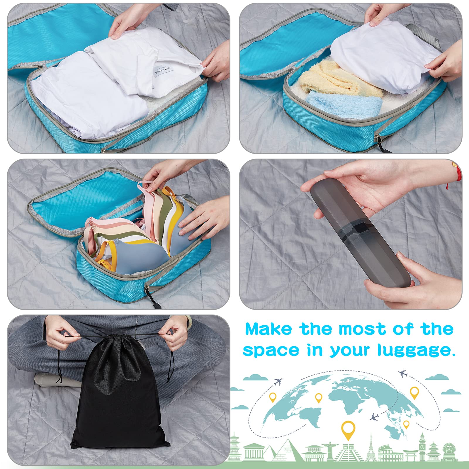 Eucomir Organizer Valigia Set di 9 Cubi da Viaggio,Sacchetti di Organizzatore Estensibile per Organizer Valigia Salvaspazio,Organizer Valigie Viaggio Set,per Viaggi o Deposito per la Casa,Cielo Blu