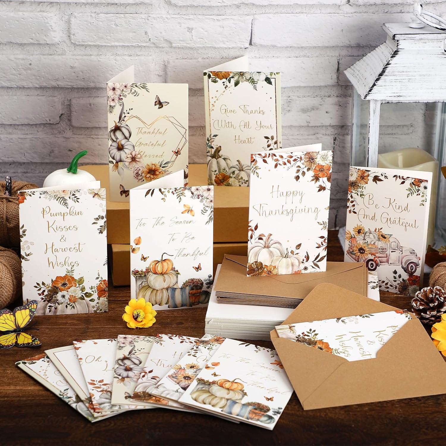 80 Sets Fall Thanksgiving Greeting Cards with Envelopes and 4 Sheets Stickers Rustic Happy Holiday Pumpkin Sunflower Greeting Cards Bulk for Business Friend Family Employee Coworker Gift - Image 6