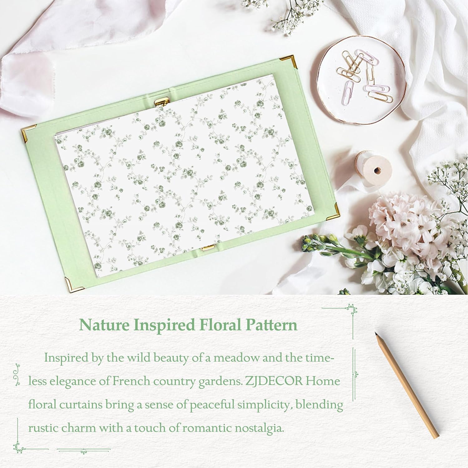 ZJDECOR Overlay Green Floral Not-See-Through Sheer Curtains with Lace Sheer,Green Flower Leaf Print on White Ruffle Panels 90 Inch,Shabby Chic Window Treatment for Girls Room Bedroom,Rod Pocket,Green