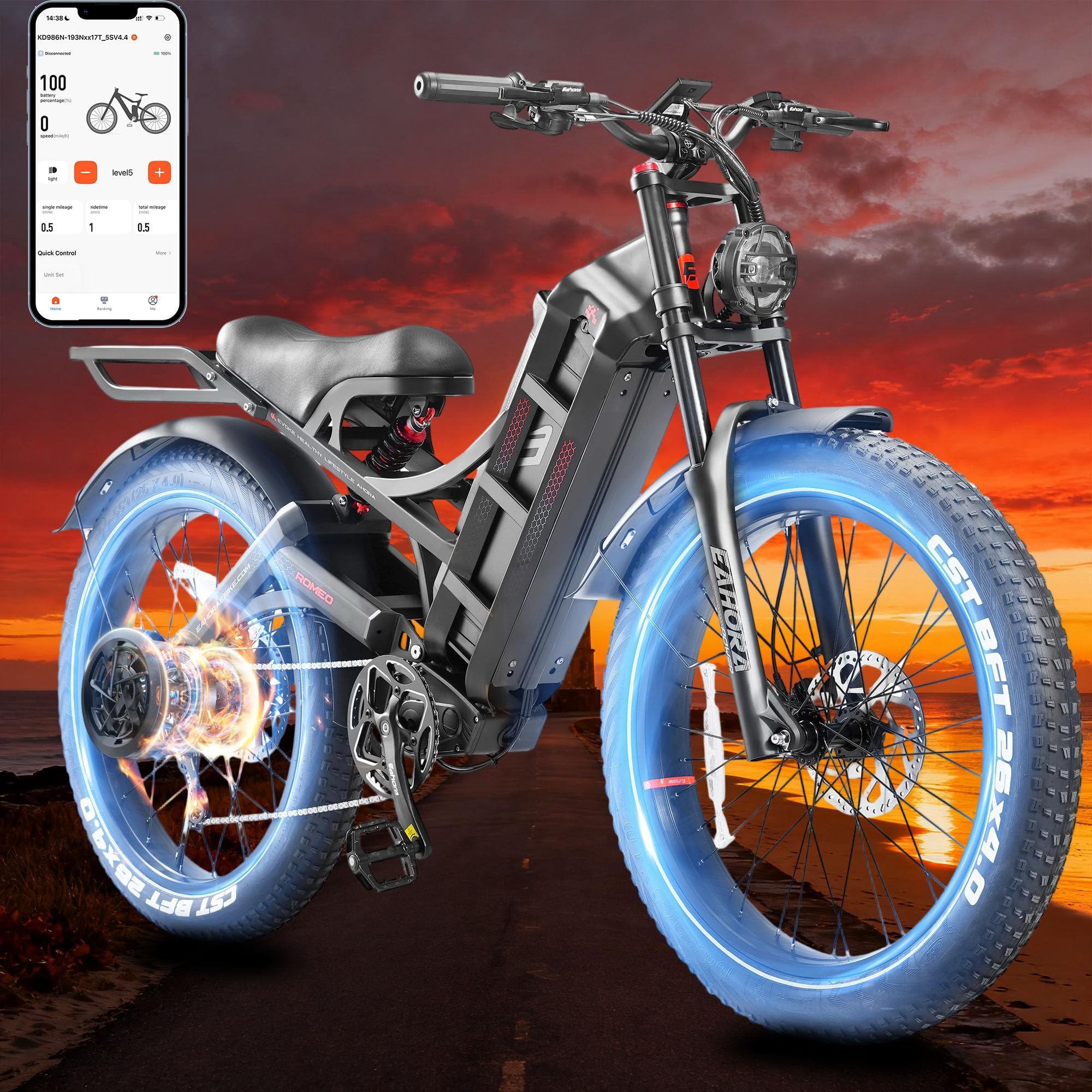 Eahora Romeo Pro 2/3 Ebike 1600W/4000W/5600W Electric Bike for Adults 34/46/50MPH 200 Miles Long Range Dual Motor 48/70/80AH Battey Electric Mountain Bike Dual Hydraulic Brakes Full Suspension EBike