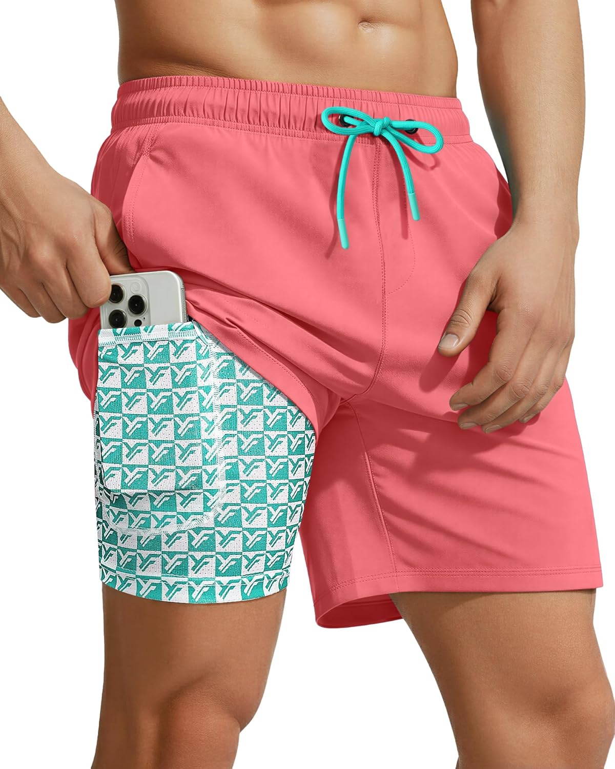 7 Inch Men Swim Trunks with Compression Liner Quick Dry Drawstring Male Swimtrunks for Beach Summer Water Park