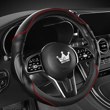 HighnessHwoo 3D Car Steering Wheel Cover Comfort Grip Massage Sporty Anti-Slip Carbon Fiber Faux Leather for Sedan Suv, Universal Fit, Car Handle Covers for All Seasons, 37-38cm, Red