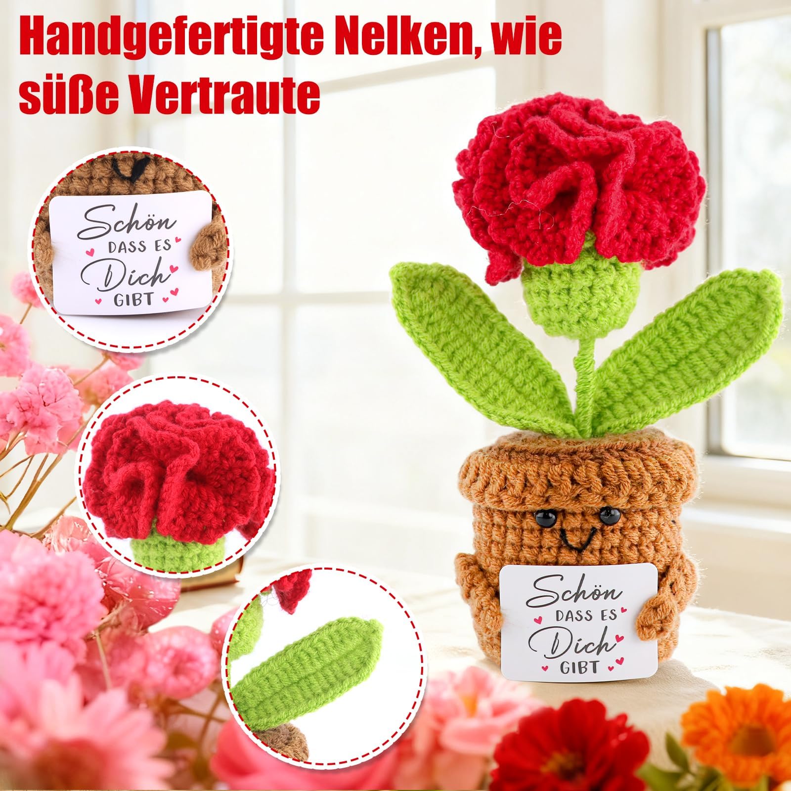 Bambola di garofano lavorata a maglia, regalo per donne, decorazione floreale fatta a mano, con portachiavi "Schön dass Es Dich Gibt", regalo di ringraziamento per mamma, fidanzata, collega, per