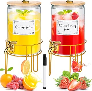 FUREEY 2 Pack 1 Gallon Glass Beverage Dispensers with Gold Stand, Spigot, Lids & Labels for Parties - Lemonade, Iced Tea, Juice