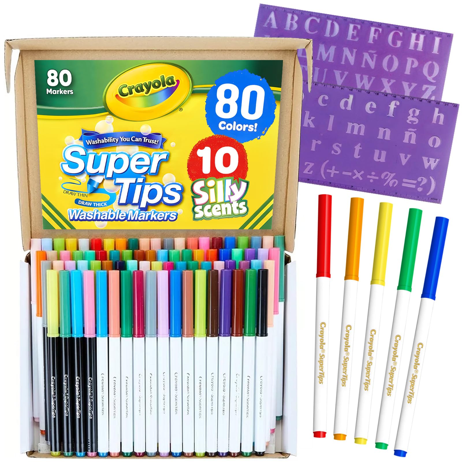 The Mega Deals Super Tips Marker Set, Includes 80 Washable Markers for Kids, 10 Smelly Markers and 2 Letter Stencils for Kids, Bulk Pack, Alphabet