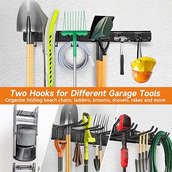 Garage Tool Organizer Wall Mount, Heavy Duty 48 Inches Garage Organization and Storage Racks for Yard Tools with 6 Hooks, Tool Hangers Holders for Hanging Folding Chair, Rake and Shovel