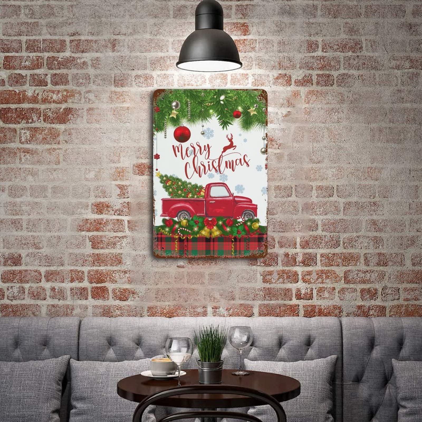 Plaque En Métal Vintage "Merry Christmas" Avec Camion Rouge - Décoration Murale De Noël 30,5 X 40,6 Cm