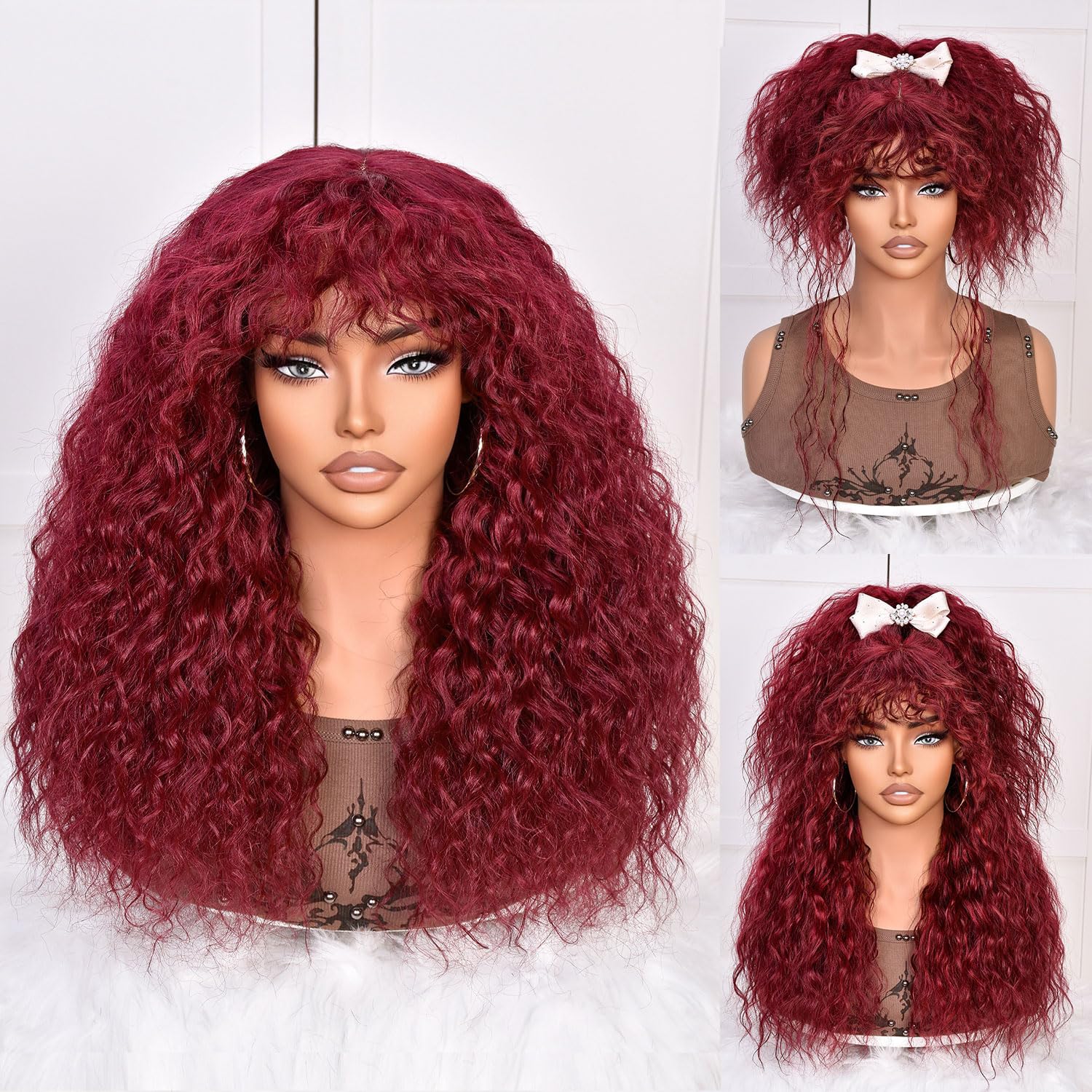 Lizzy 18Inch Curly Human Hair Wigs for Women with Bangs Bouncy Natural Curly Wig 180% Density Long Kinky Curly Hair for Daily Use (Burgundy)