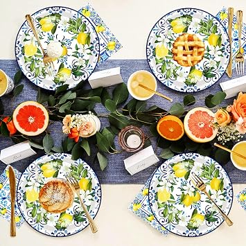 100Pcs Capri Lemon Party Supplies Blue Tiles Yellow Lemon Party Set 7Capri Lemon Citrus Fruit Paper Plates and Capri Lemons Napkins for Baby Shower Lemon Birthday Italian Theme Party Decor Serves 50