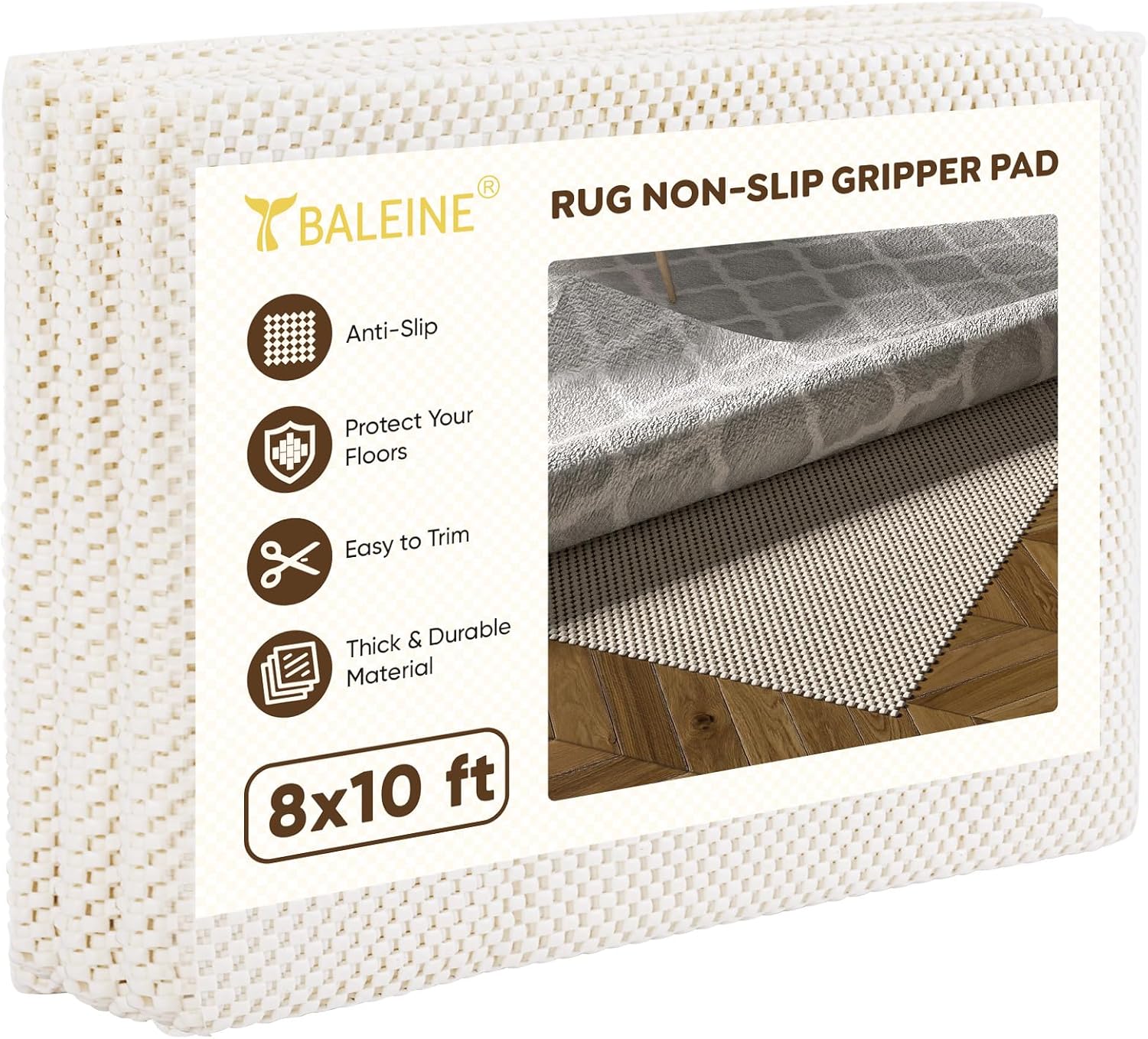 BALEINE Extra Thick Non-Slip Rug Pad Gripper 8x10 for Hardwood Floors - Cut-to-Fit Under Rug Mat for Stability & Comfort
