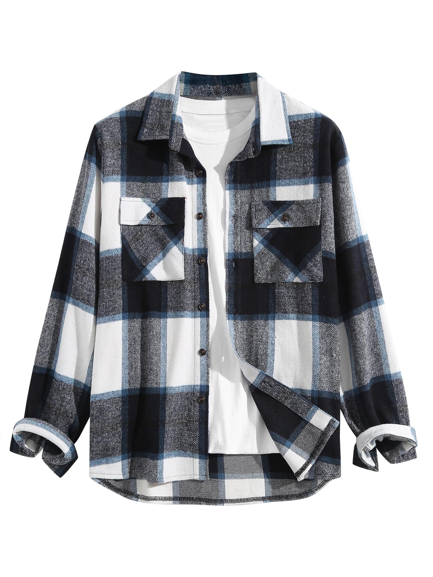 ZAFUL Unisex Plaid Flannel Shirt Jacket Button Down Long Sleeve Pocket Coat Outwear