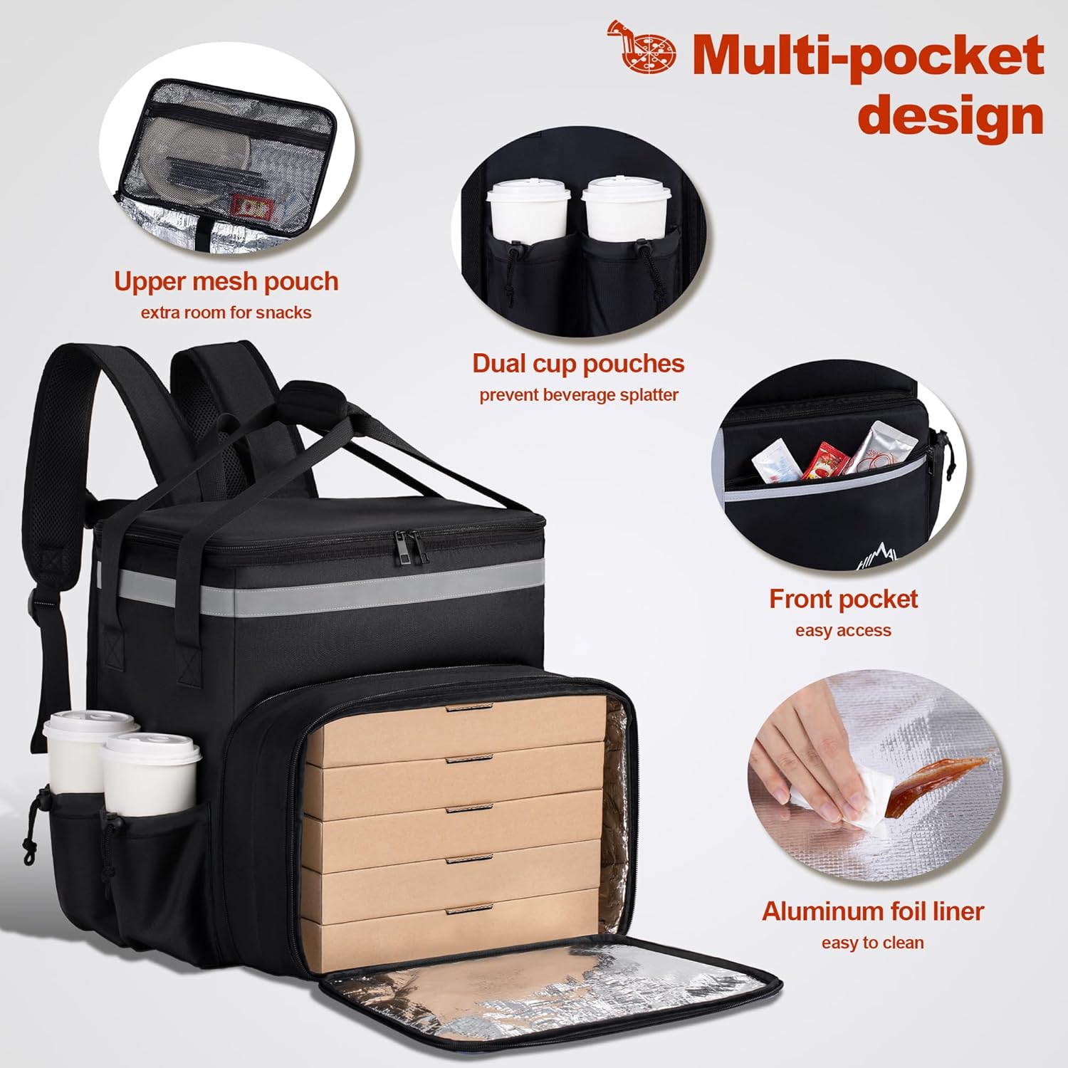 Food Delivery Backpack, Insulated Food Delivery Bags for Takeout Bike, Large Pizza Takeout Bag for HOT/COLD with 4 Pockets Reflective Perfect for Uber Eats, Camping & Beach - Image 5